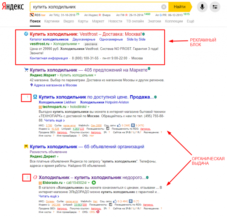Внешний вид результатов органической и коммерческой выдачи на поиске в Яндексе.